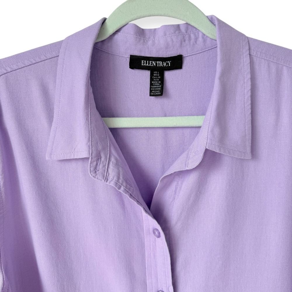 Ellen Tracy Button Down Shirt Womens Large Purple Long Sleeve Linen Blend Luxury